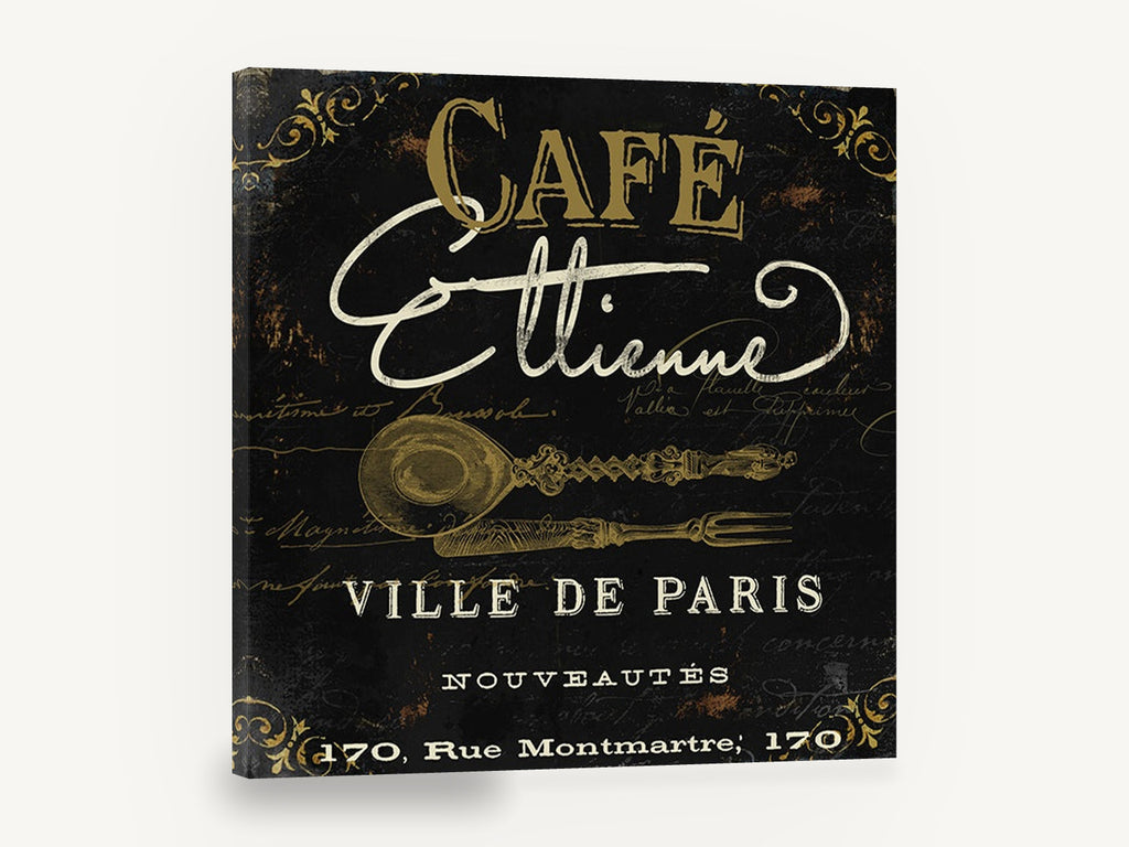 Café Etienne Paris, vintage paris café typography sign, stretched canvas wall art print ready to hang