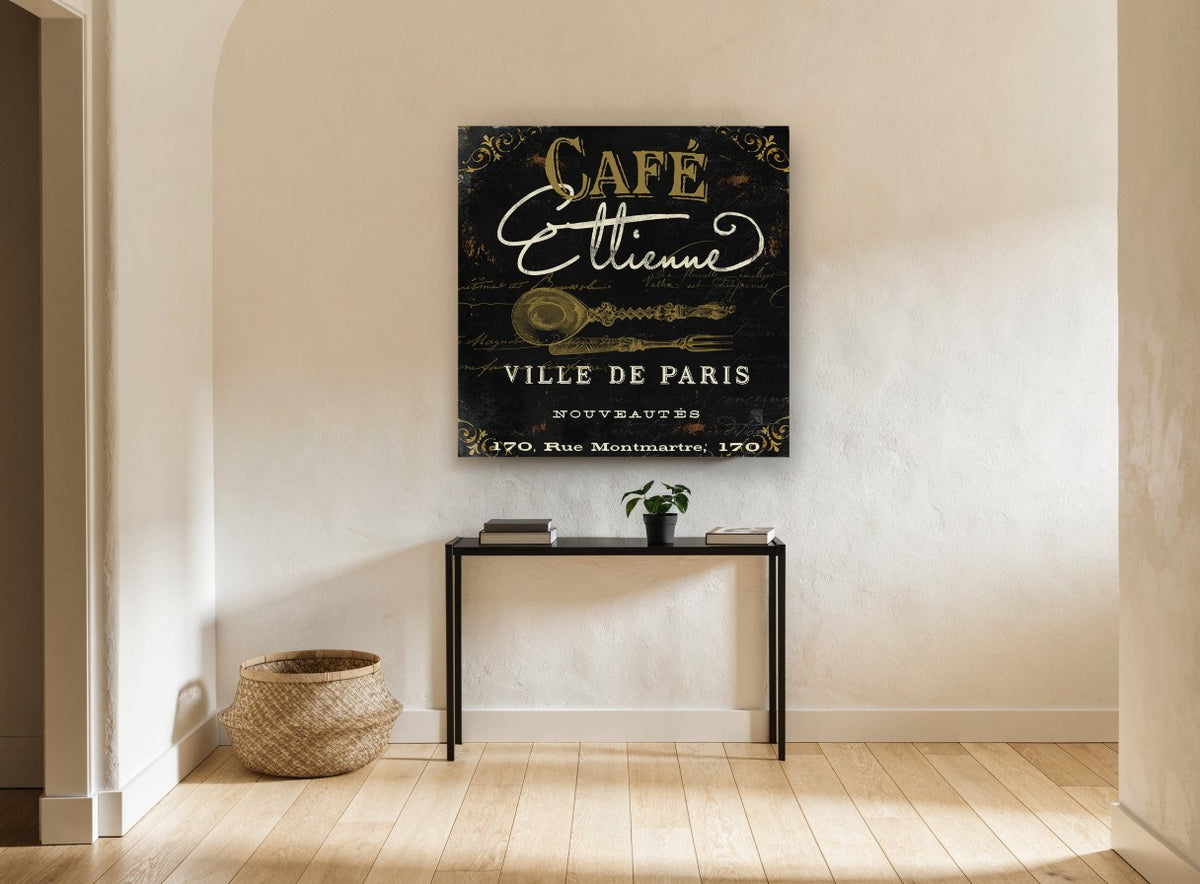 Café Etienne Paris vintage canvas print on the wall of a hallway