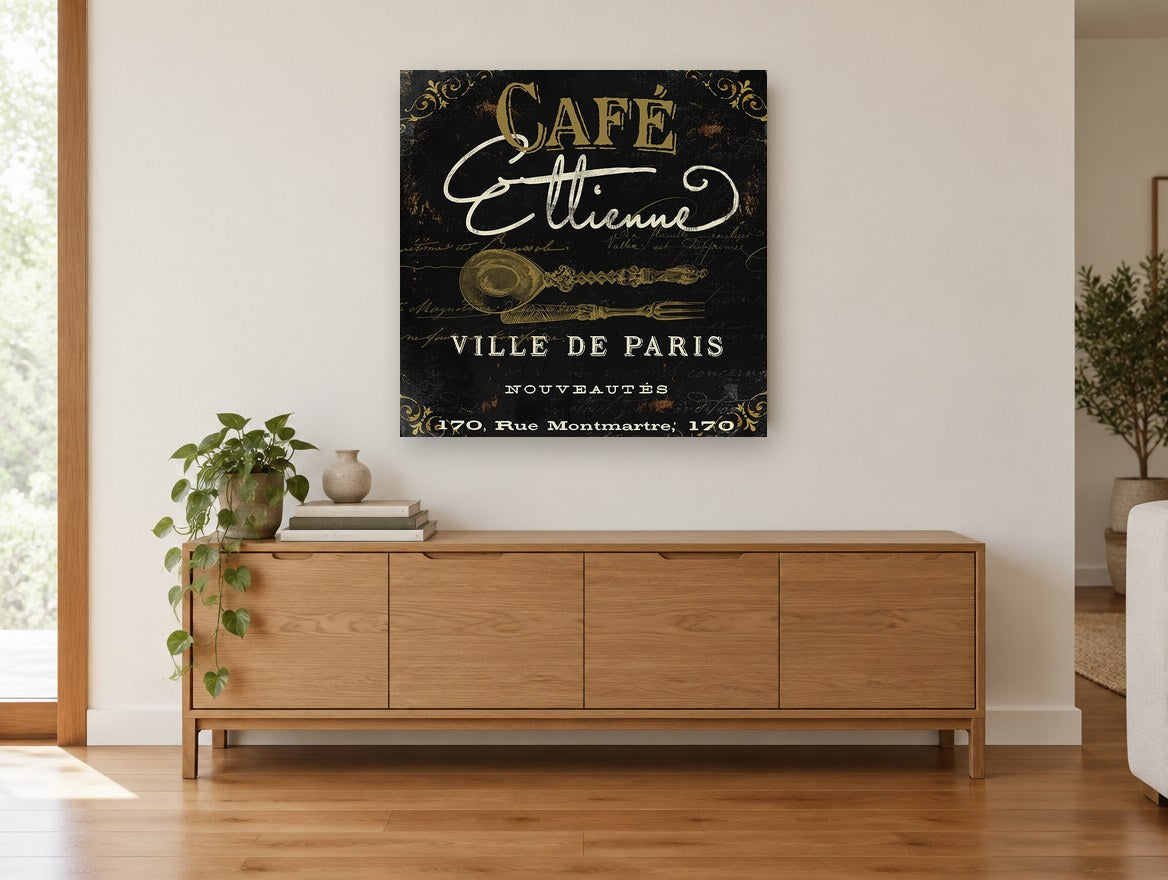 Café Etienne Paris vintage canvas print on the wall of a living room above a sideboard