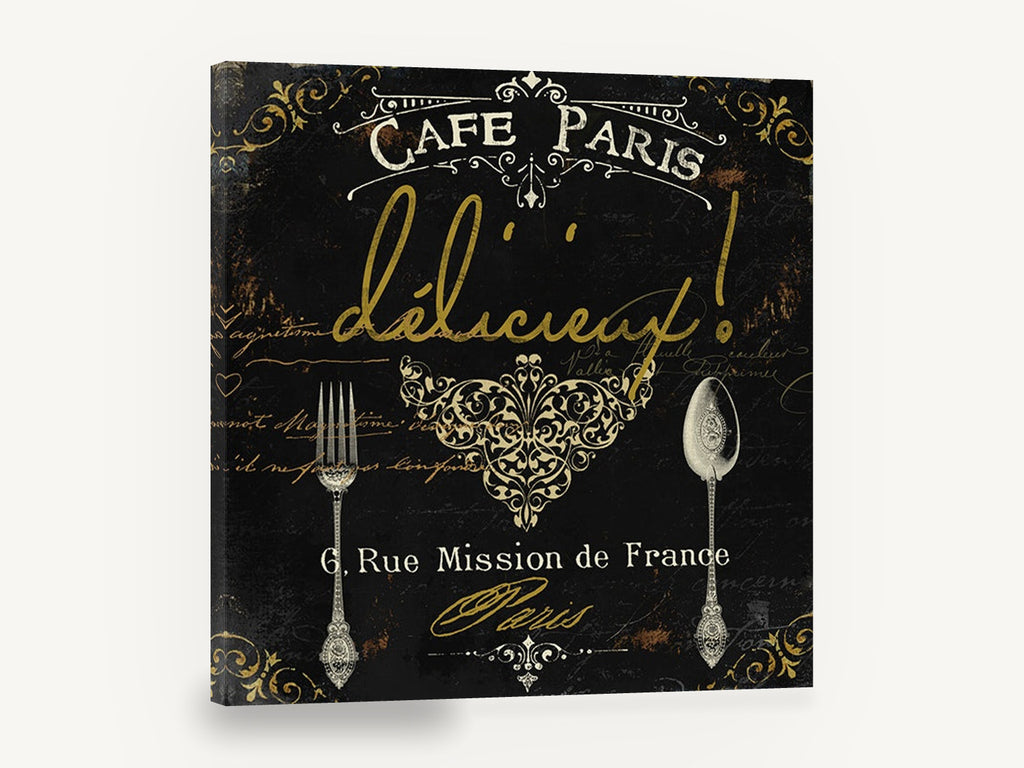 Café Paris Délicieux, vintage café paris typography, stretched canvas wall art print ready to hang