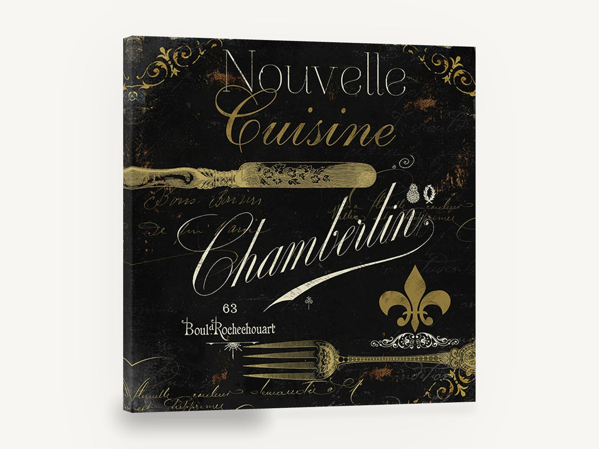 Nouvelle Cuisine Chambertin, vintage french cuisine typography, stretched canvas wall art print ready to hang