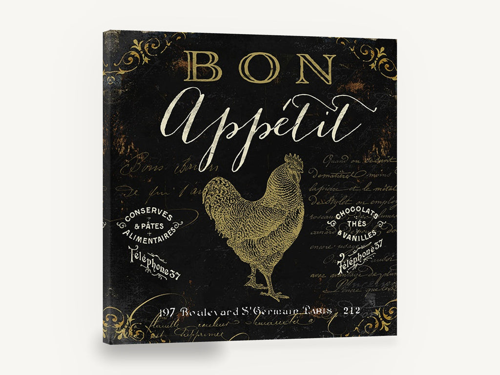 Bon Appétit Gold Rooster, vintage french bon appétit rooster sign, stretched canvas wall art print ready to hang