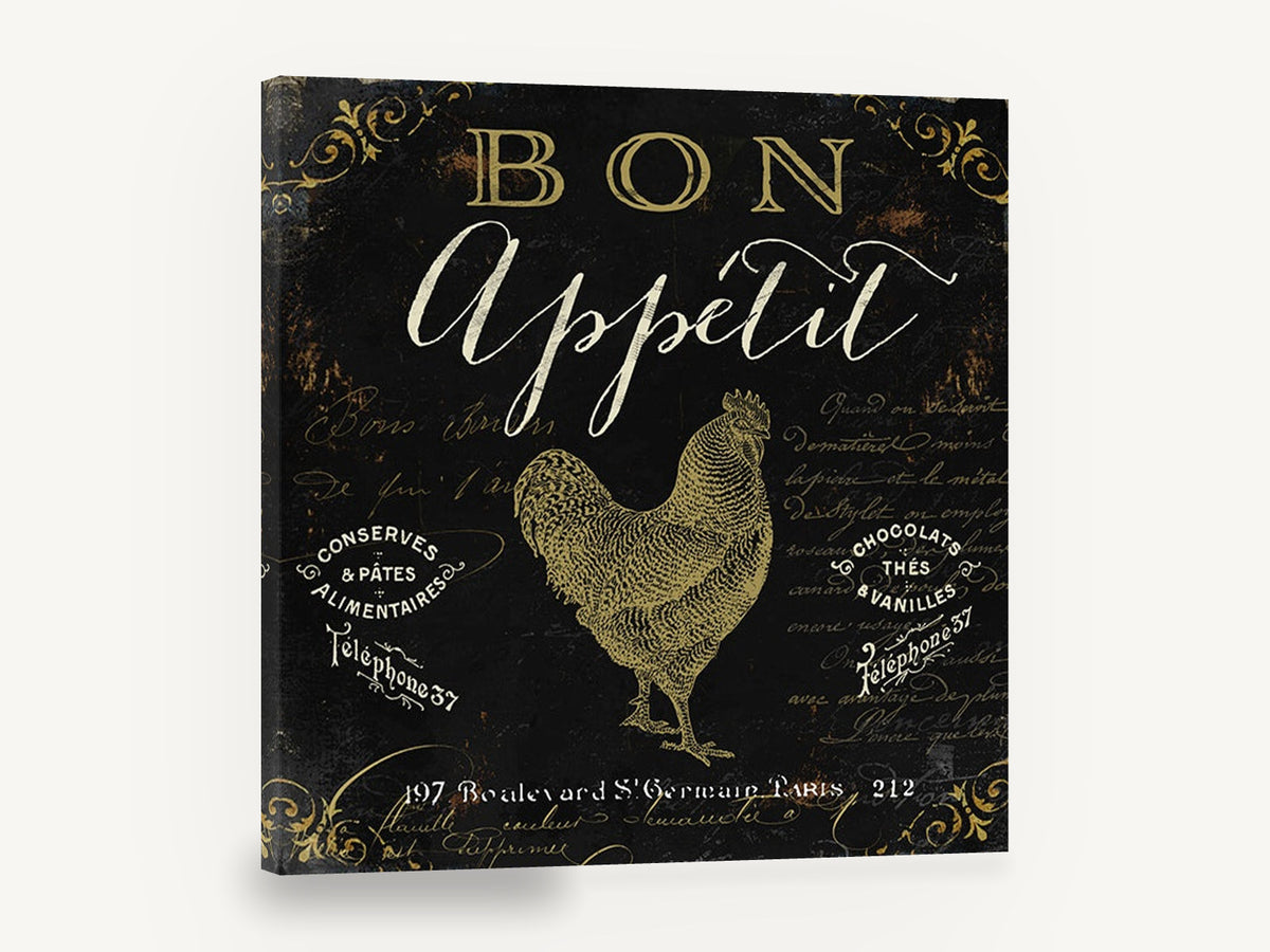Bon Appétit Gold Rooster, vintage french bon appétit rooster sign, stretched canvas wall art print ready to hang