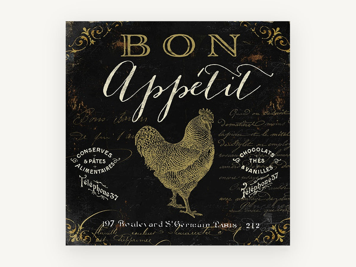 Bon Appétit Gold Rooster, vintage canvas wall art print, front view