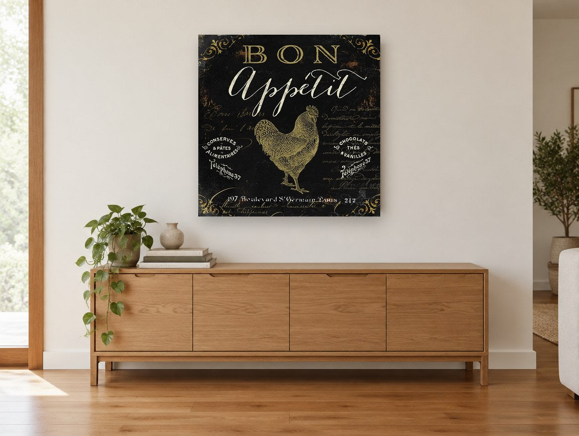 Bon Appétit Gold Rooster vintage canvas print on the wall of a living room above a sideboard