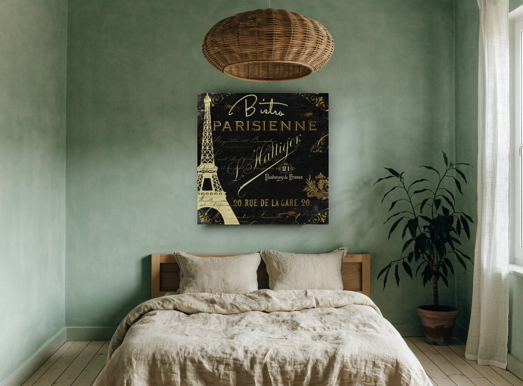 Bistro Parisienne Noir vintage canvas print on the wall of a bedroom