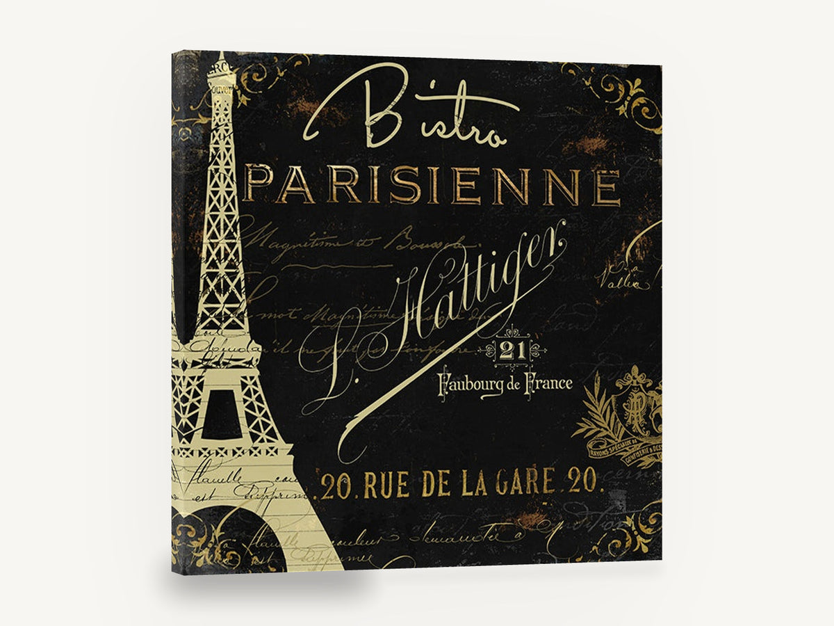 Bistro Parisienne Noir, vintage paris bistro eiffel tower sign, stretched canvas wall art print ready to hang