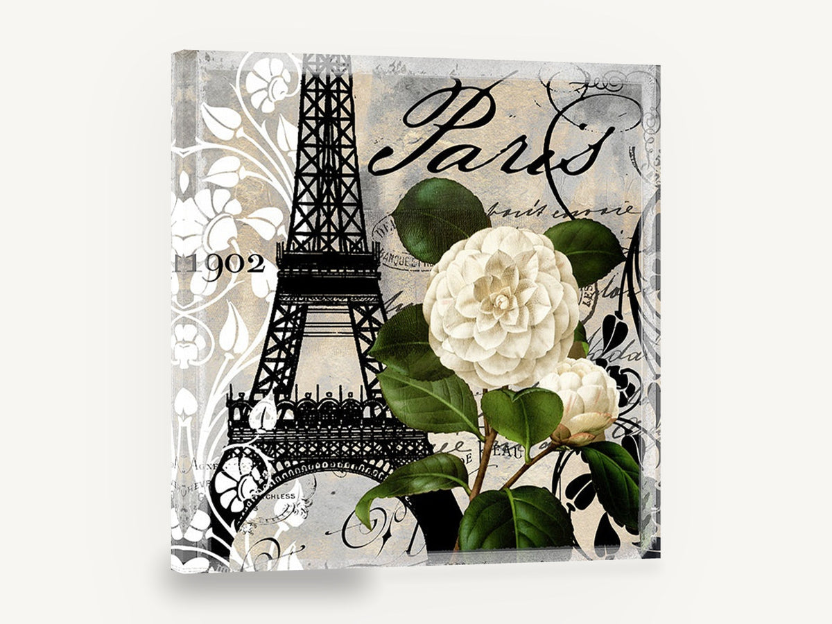 Camellia Over Paris, white camellia eiffel tower paris, floral canvas wall art print ready to hang
