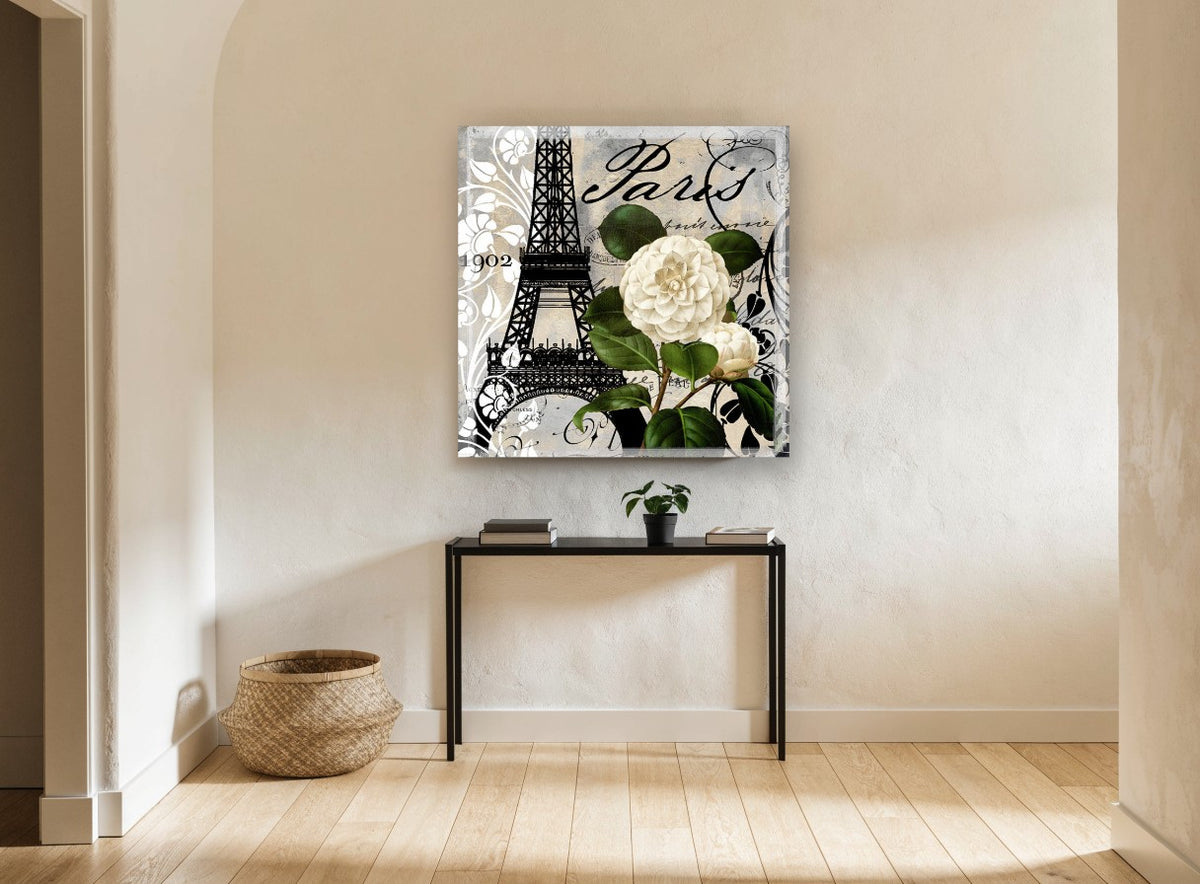 Camellia Over Paris floral canvas print on the wall of a hallway