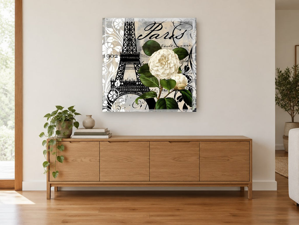 Camellia Over Paris floral canvas print on the wall of a living room above a sideboard