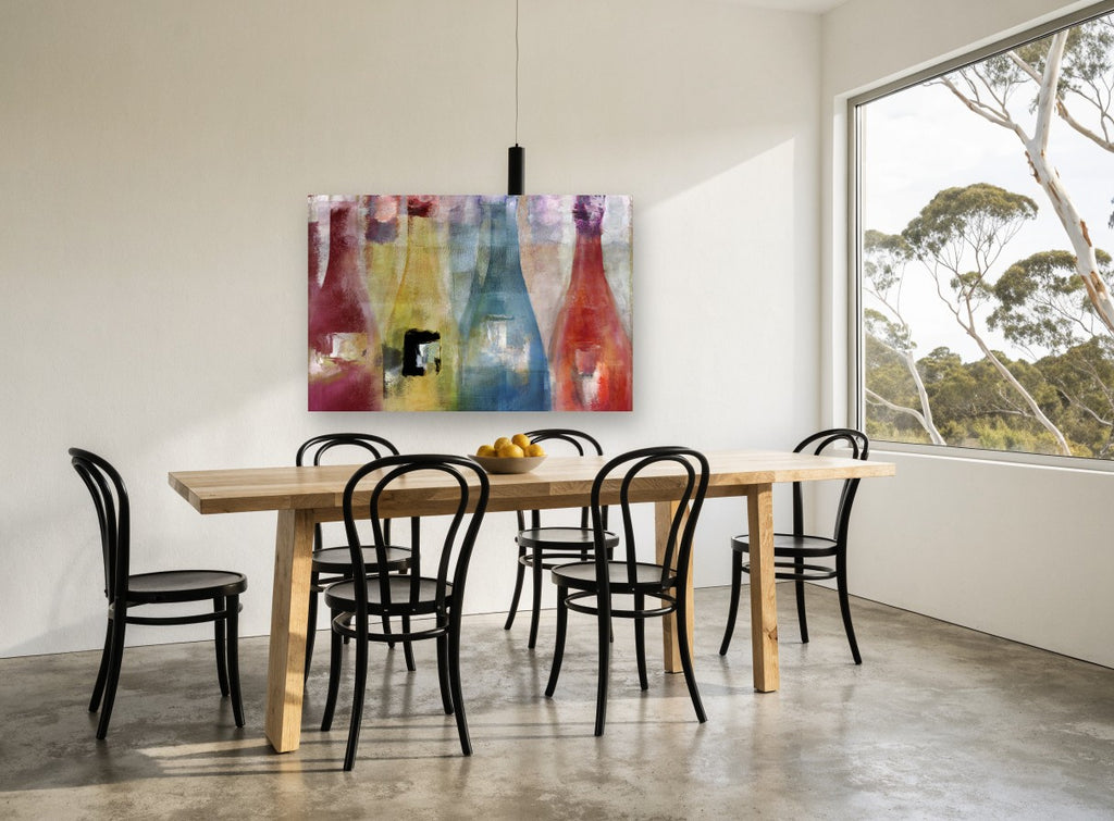 Four Bottle Spectrum kitchen canvas print on the wall of a dining room