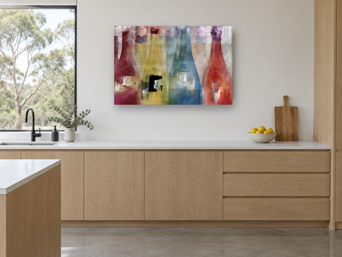 Four Bottle Spectrum kitchen canvas print on the wall of a kitchen