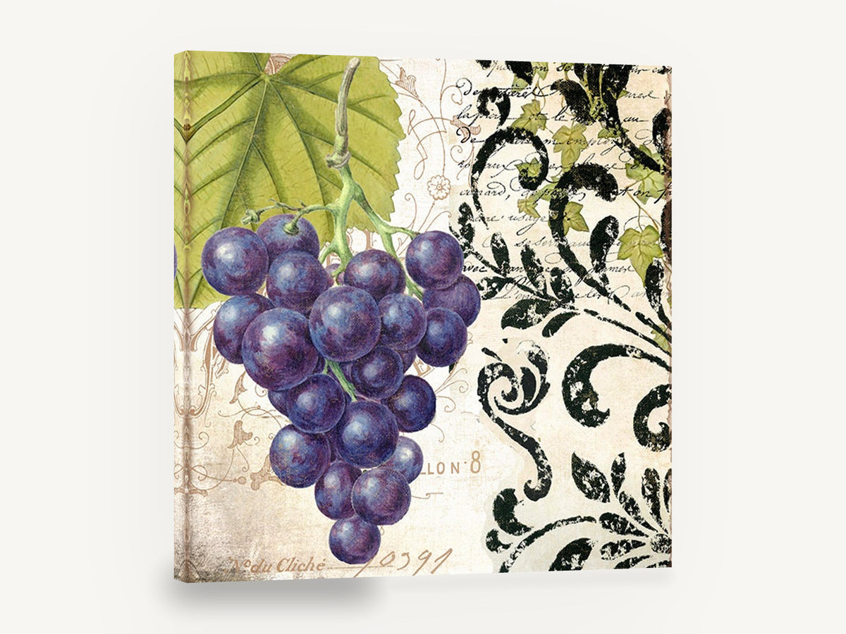 Purple Grapes Vine Leaf, purple grapes vintage botanical collage, floral canvas wall art print ready to hang