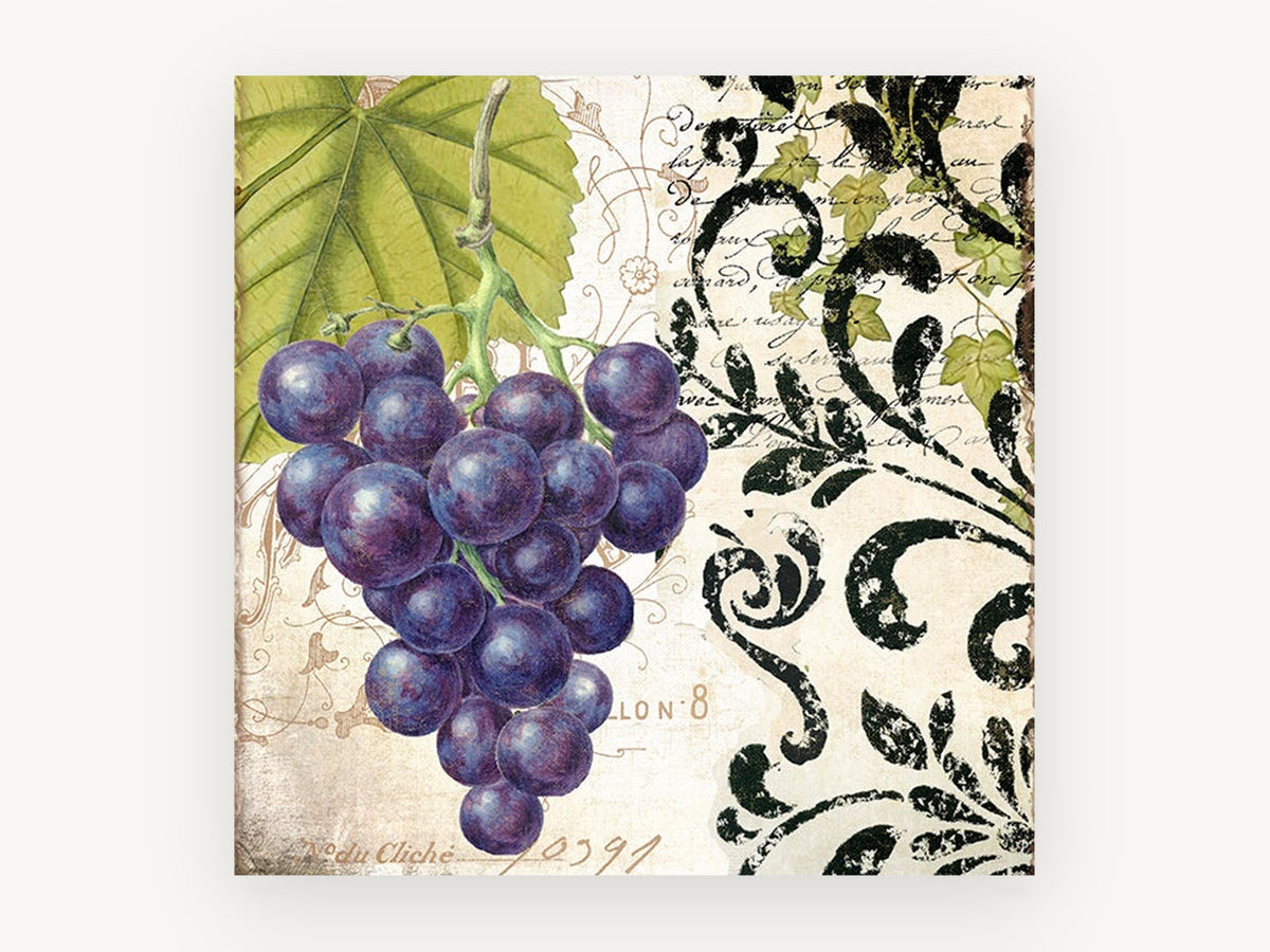 Purple Grapes Vine Leaf, floral canvas wall art print, front view