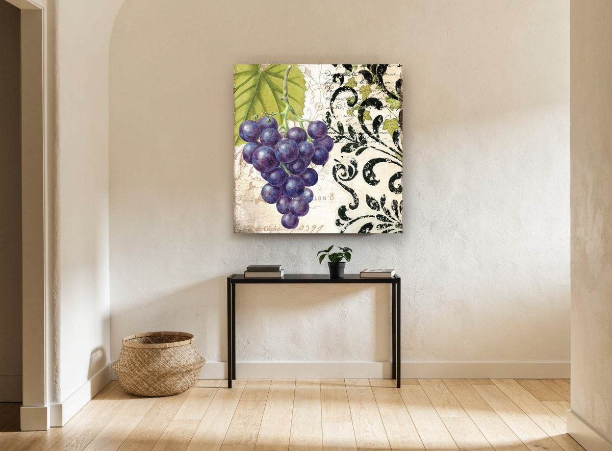Purple Grapes Vine Leaf floral canvas print on the wall of a hallway