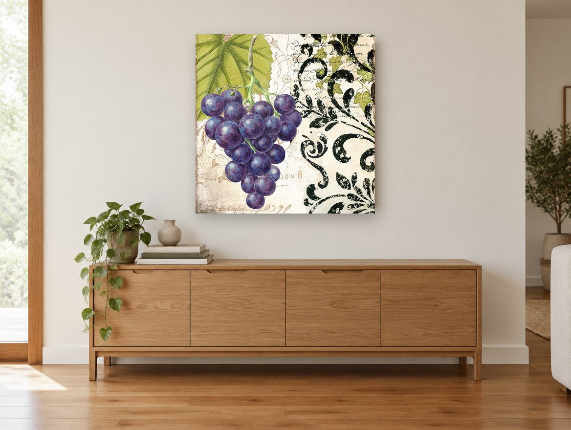 Purple Grapes Vine Leaf floral canvas print on the wall of a living room above a sideboard