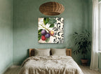 Plum Branch Damask floral canvas print on the wall of a bedroom