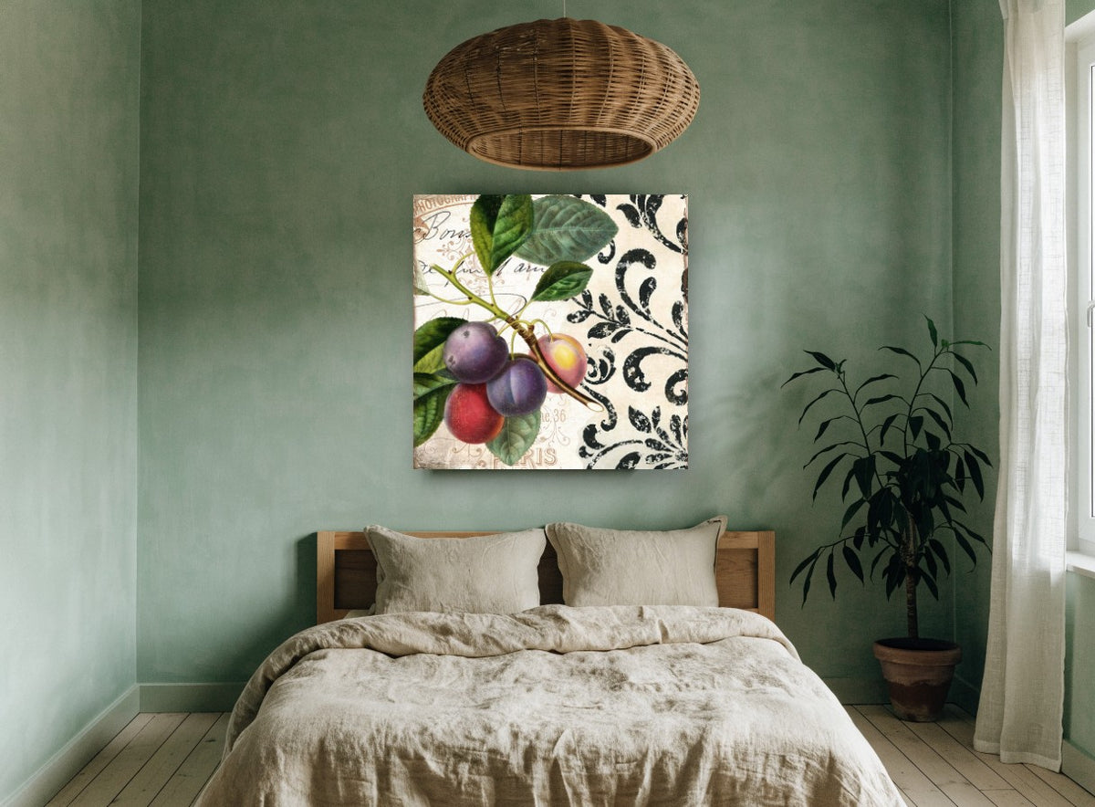 Plum Branch Damask floral canvas print on the wall of a bedroom