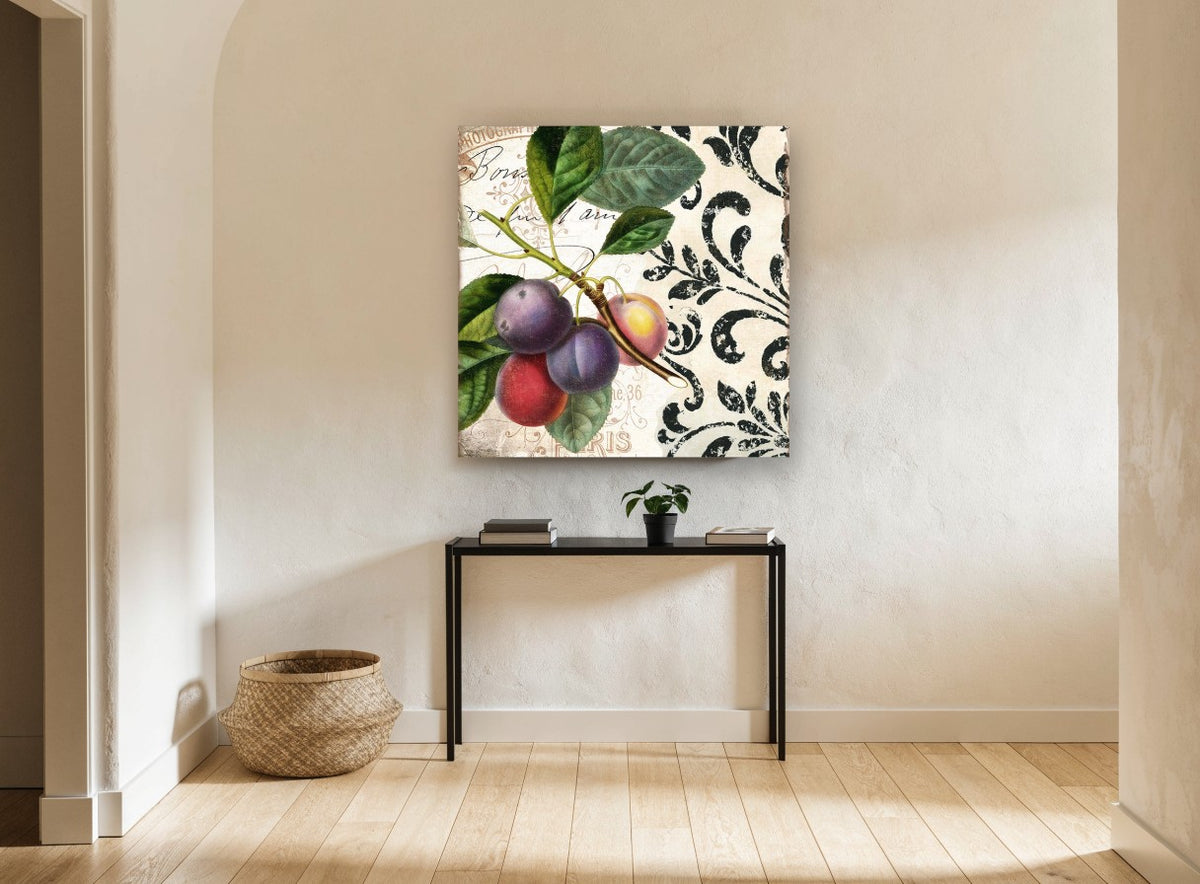 Plum Branch Damask floral canvas print on the wall of a hallway