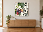 Plum Branch Damask floral canvas print on the wall of a living room above a sideboard