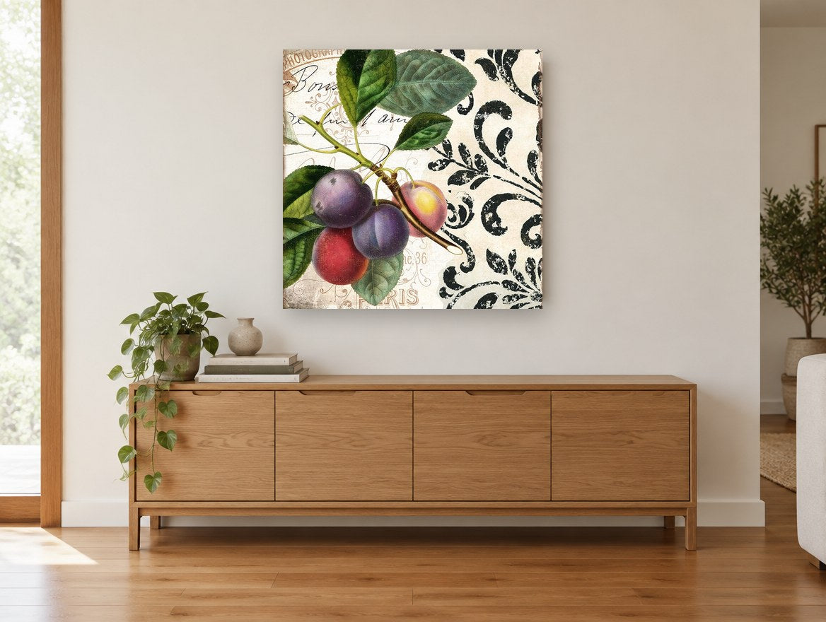 Plum Branch Damask floral canvas print on the wall of a living room above a sideboard