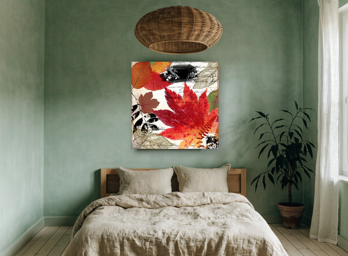 Autumn Maple Script floral canvas print on the wall of a bedroom