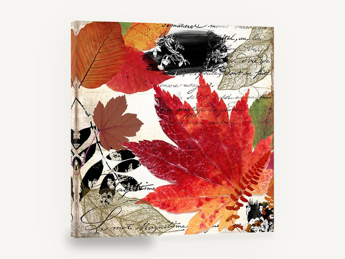 Autumn Maple Script, red maple leaf autumn collage, floral canvas wall art print ready to hang