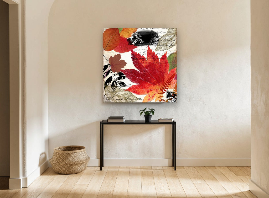 Autumn Maple Script floral canvas print on the wall of a hallway