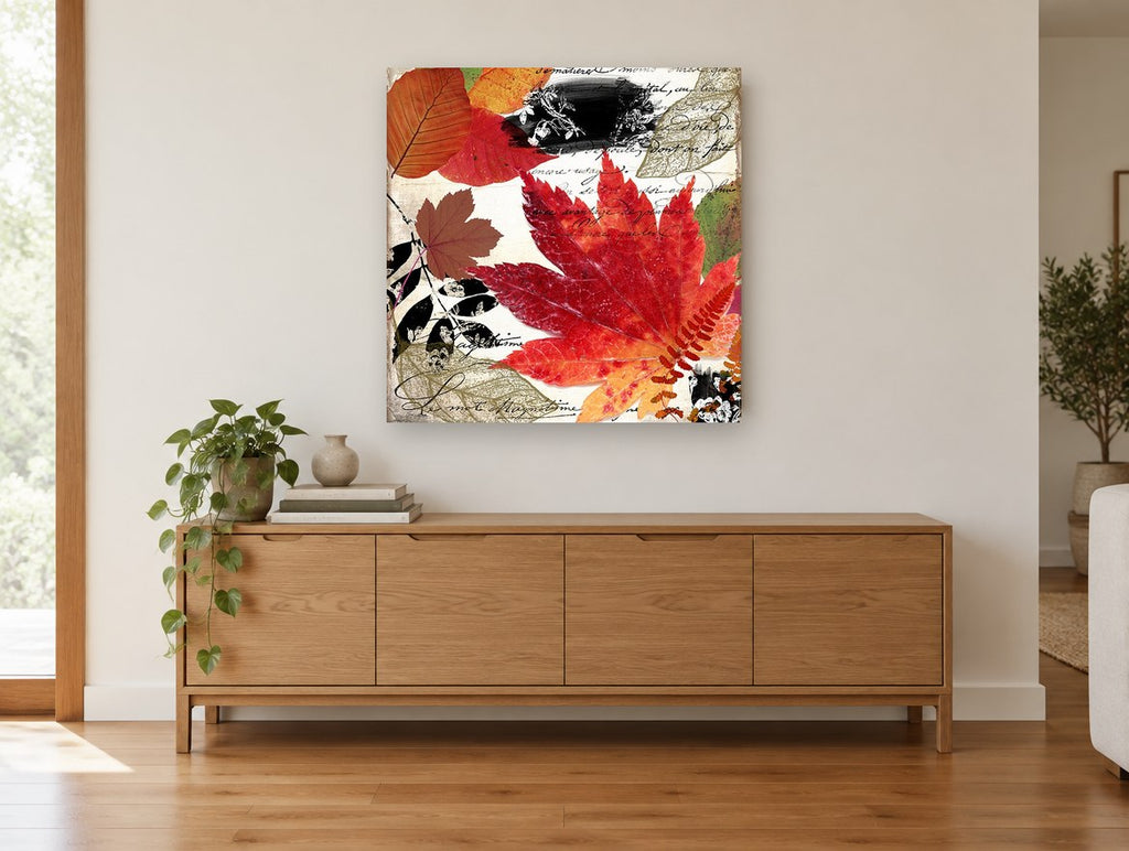 Autumn Maple Script floral canvas print on the wall of a living room above a sideboard