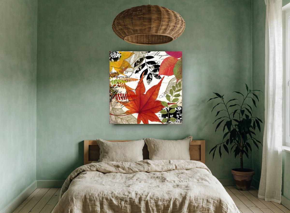 Autumn Script Collage floral canvas print on the wall of a bedroom