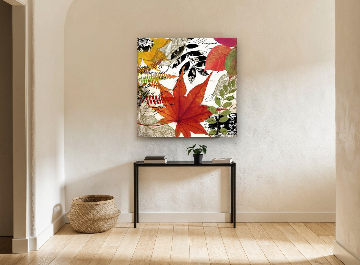 Autumn Script Collage floral canvas print on the wall of a hallway