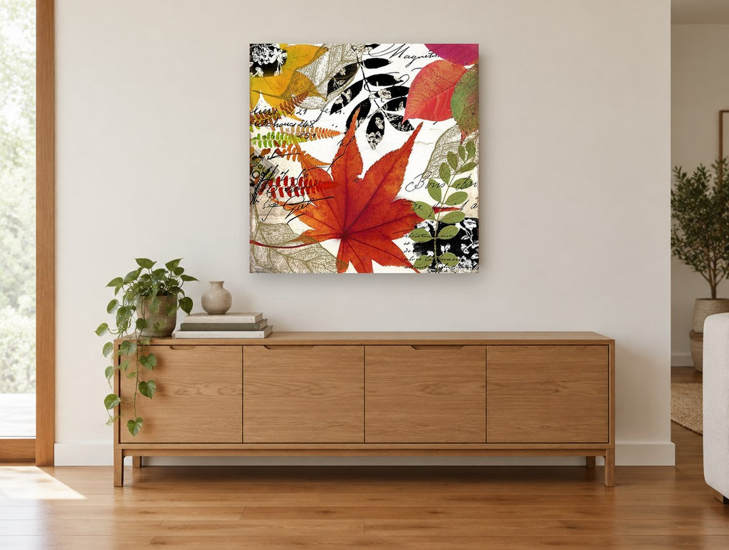 Autumn Script Collage floral canvas print on the wall of a living room above a sideboard