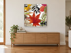 Autumn Script Collage floral canvas print on the wall of a living room above a sideboard