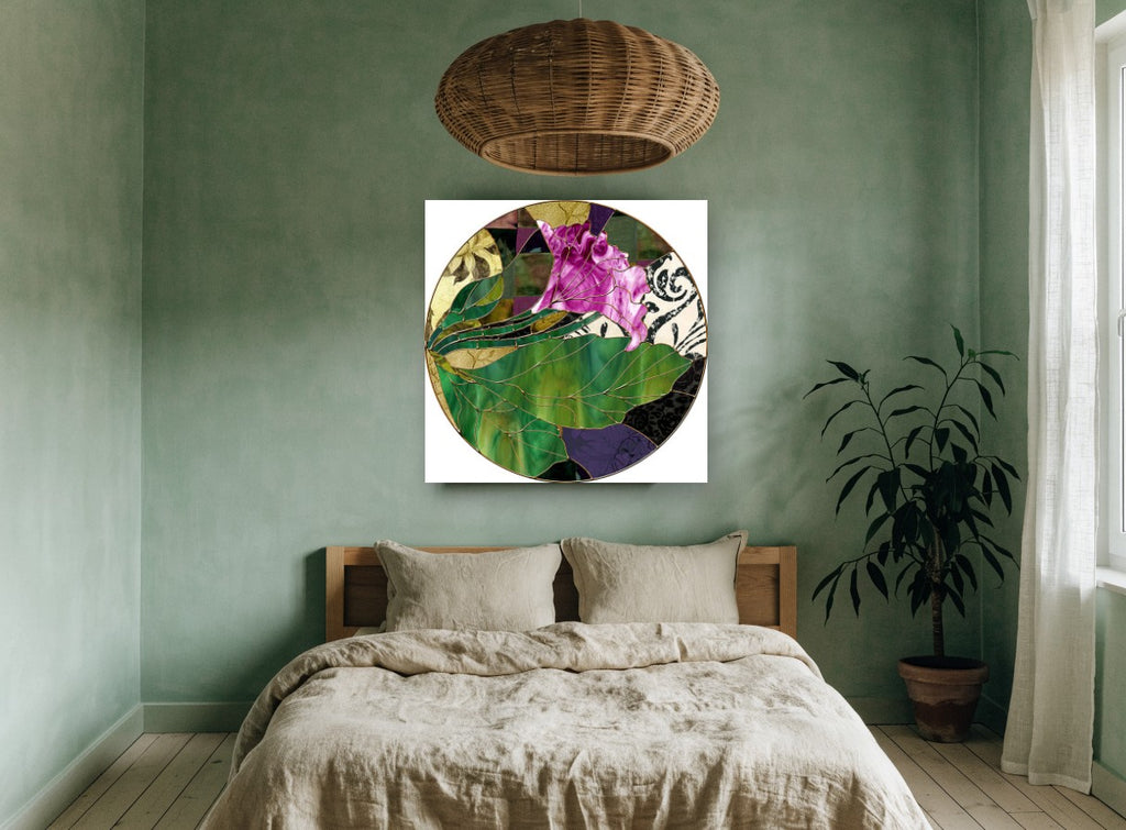 Magenta Bloom Glasswork floral canvas print on the wall of a bedroom