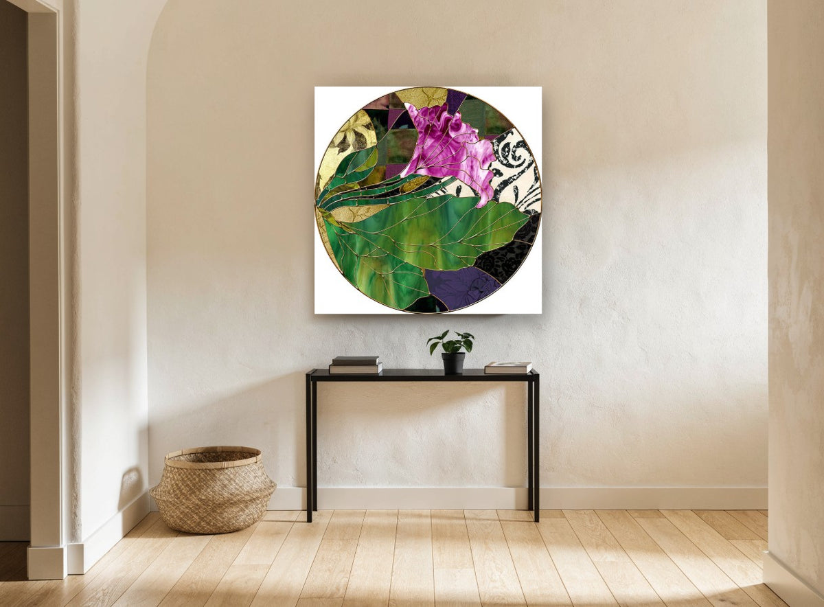 Magenta Bloom Glasswork floral canvas print on the wall of a hallway