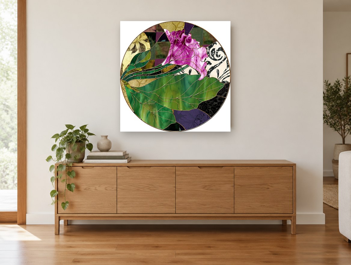 Magenta Bloom Glasswork floral canvas print on the wall of a living room above a sideboard