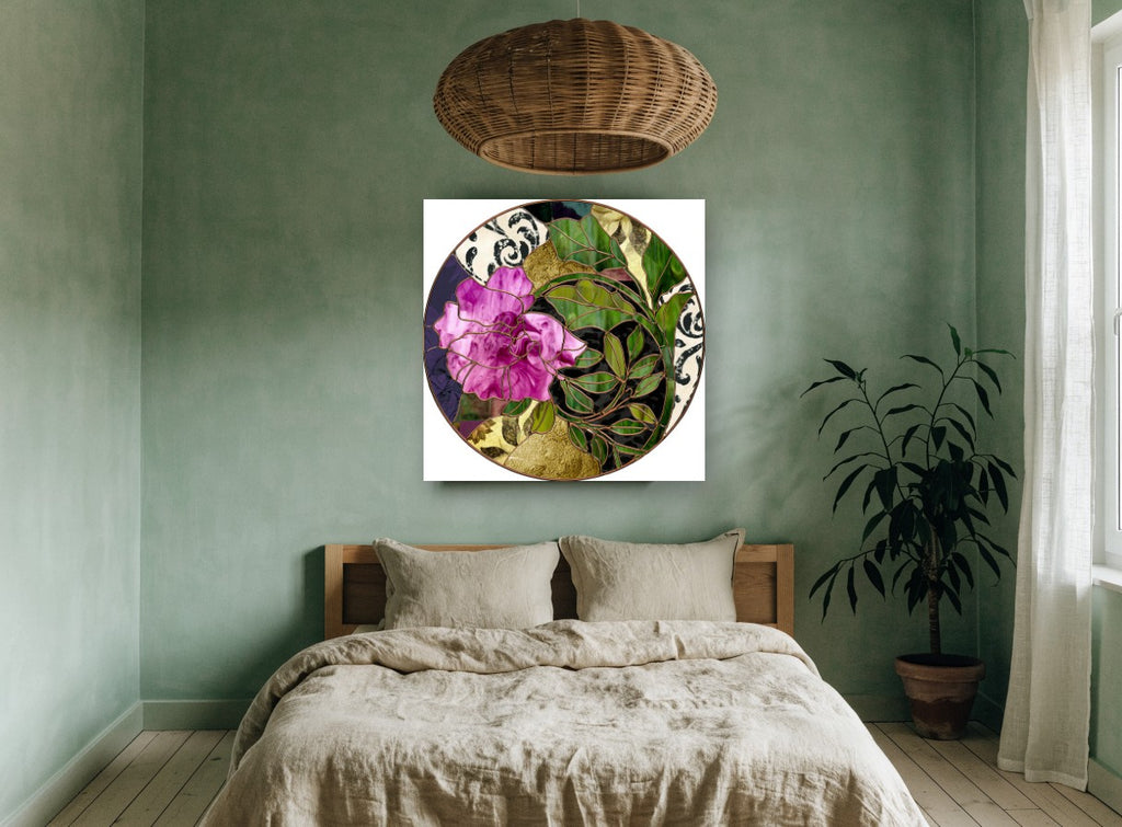 Rose Stained Glass Roundel floral canvas print on the wall of a bedroom