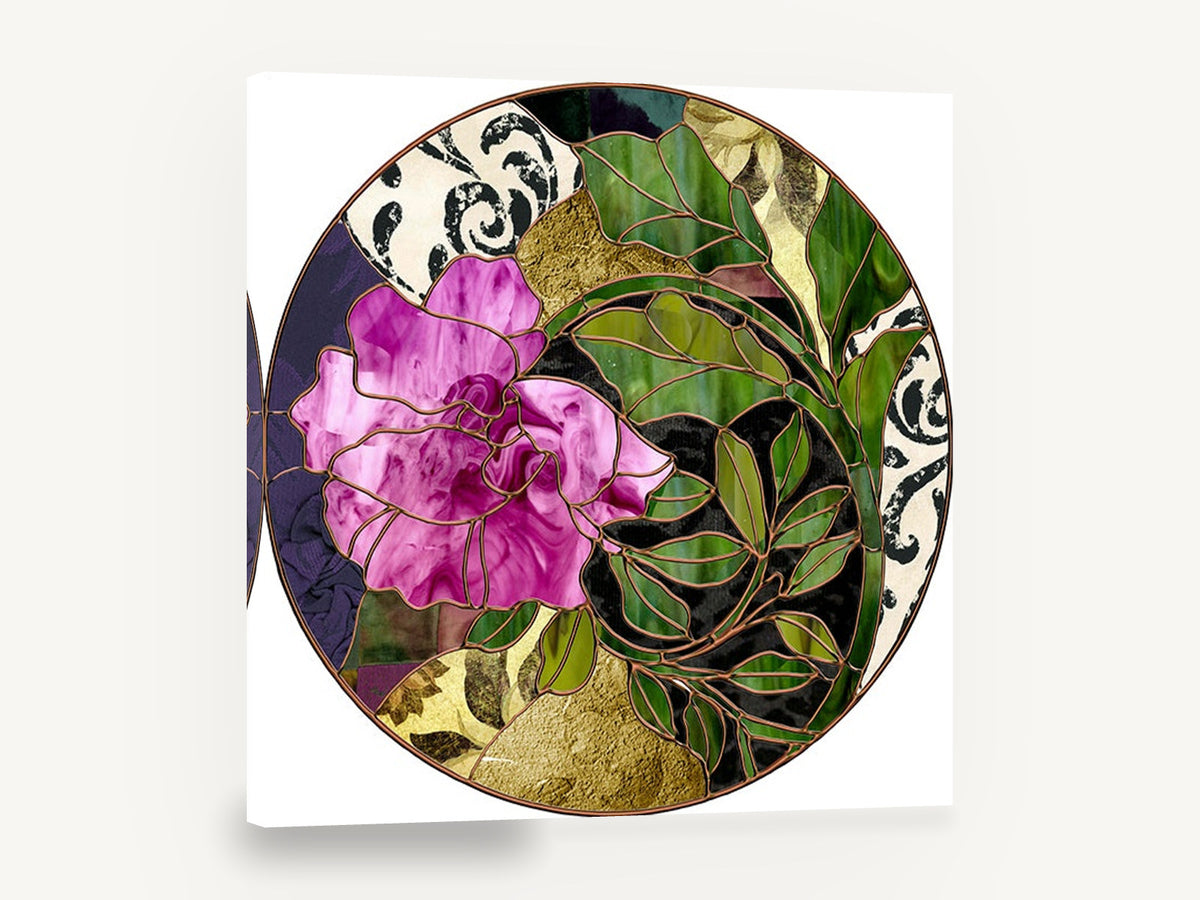 Rose Stained Glass Roundel, pink peony stained glass floral, floral canvas wall art print ready to hang