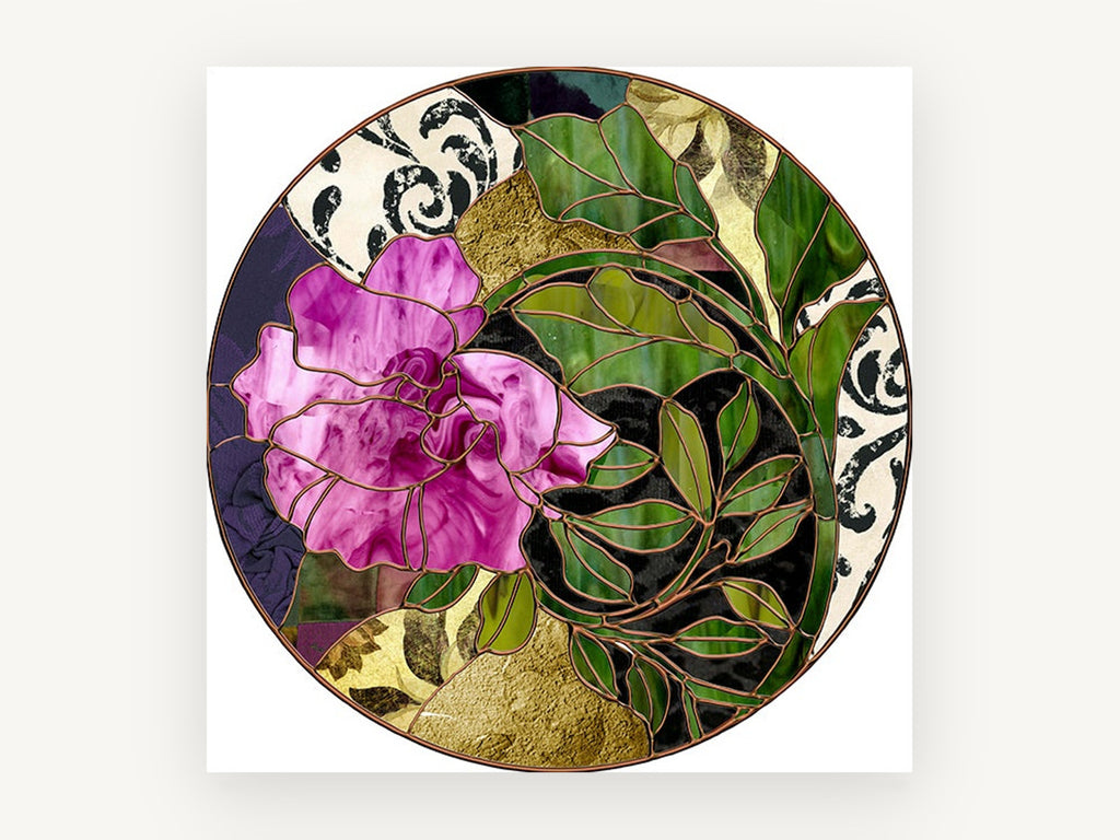 Rose Stained Glass Roundel, floral canvas wall art print, front view