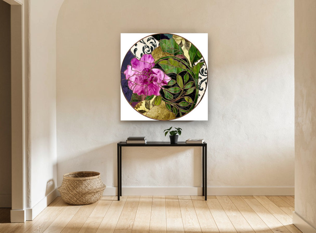 Rose Stained Glass Roundel floral canvas print on the wall of a hallway
