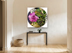 Rose Stained Glass Roundel floral canvas print on the wall of a hallway
