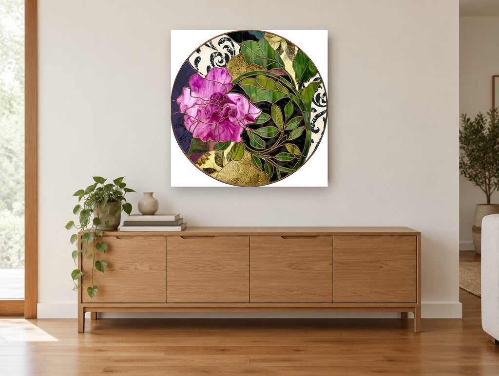 Rose Stained Glass Roundel floral canvas print on the wall of a living room above a sideboard