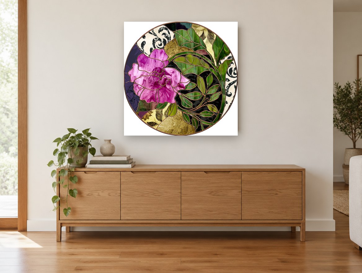 Rose Stained Glass Roundel floral canvas print on the wall of a living room above a sideboard