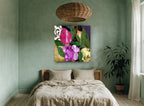 Stained Glass Tulip and Rose floral canvas print on the wall of a bedroom