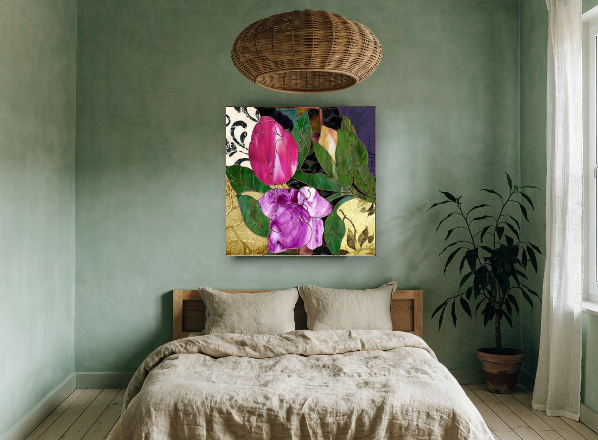 Stained Glass Tulip and Rose floral canvas print on the wall of a bedroom