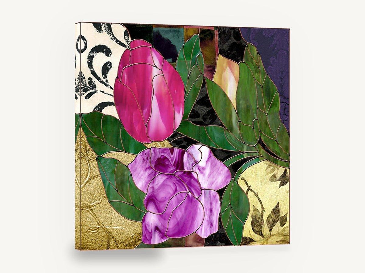 Stained Glass Tulip and Rose, pink tulip rose stained glass floral, floral canvas wall art print ready to hang