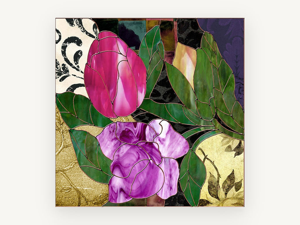 Stained Glass Tulip and Rose, floral canvas wall art print, front view