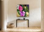 Stained Glass Tulip and Rose floral canvas print on the wall of a hallway
