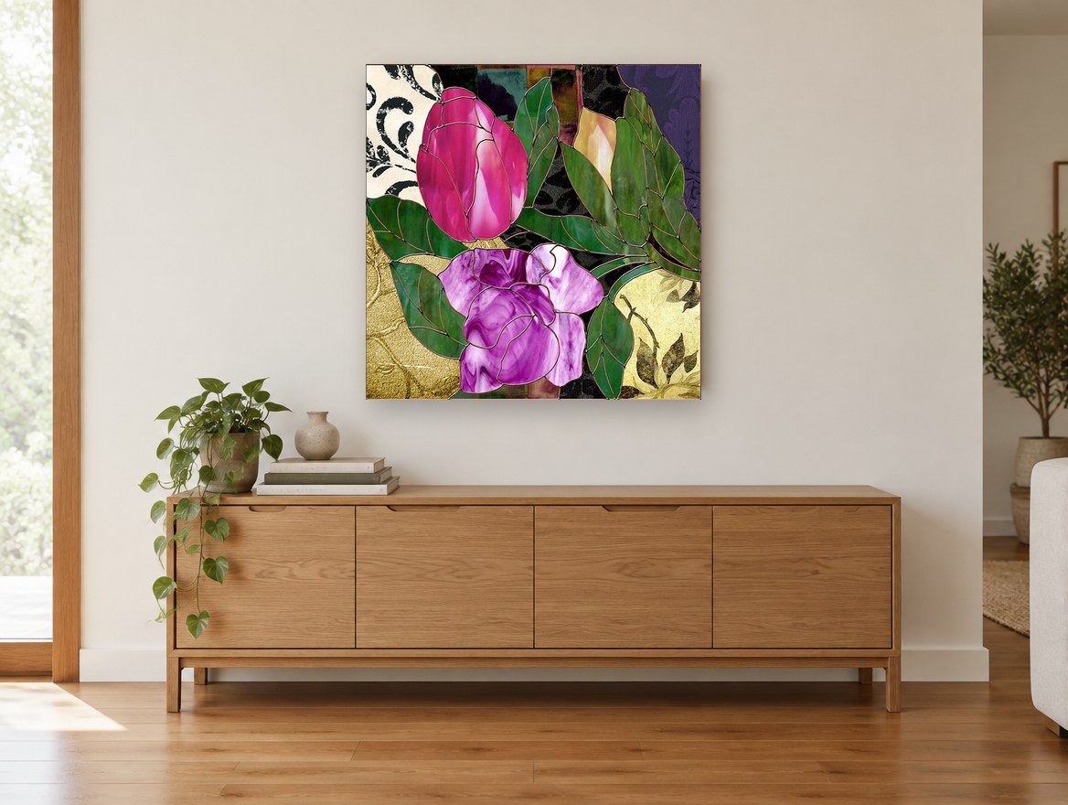 Stained Glass Tulip and Rose floral canvas print on the wall of a living room above a sideboard