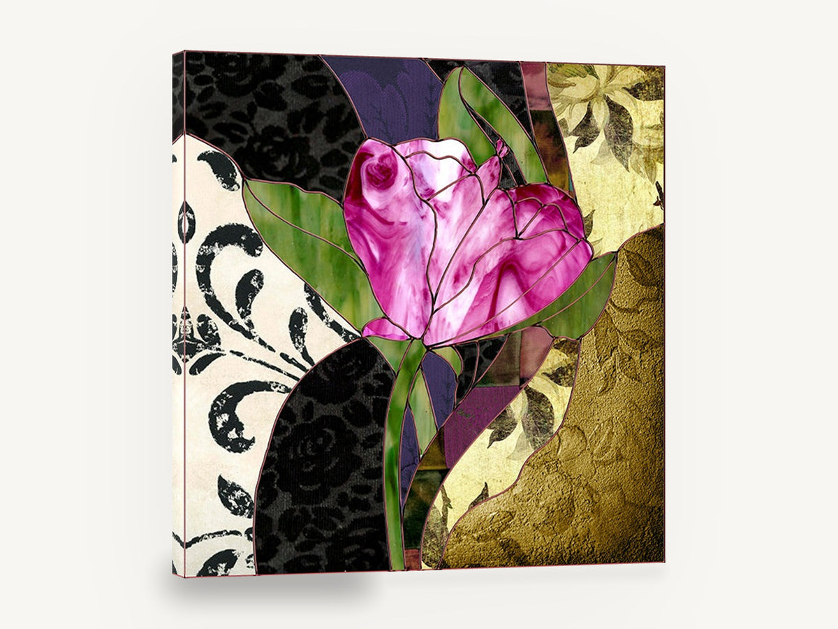 Pink Tulip Glass, pink tulip stained glass floral, floral canvas wall art print ready to hang
